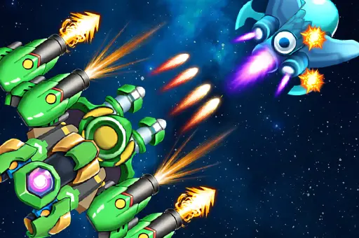 Jogo de batalha aérea com naves espaciais coloridas atirando no espaço sideral. Nave verde dispara contra inimigos em uma intensa luta no céu. Estilo arcade de tiro clássico.